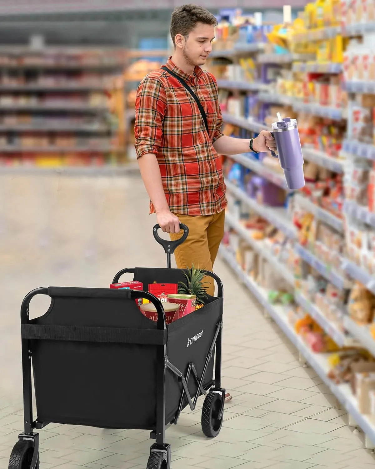 Large Collapsible Wagon Foldable for Grocery, Beach, Park, Yard, 34 x 18 Inch Inner Storage. 300lb Heavy Duty w/Cupholders & 1x 40oz Tumbler Included