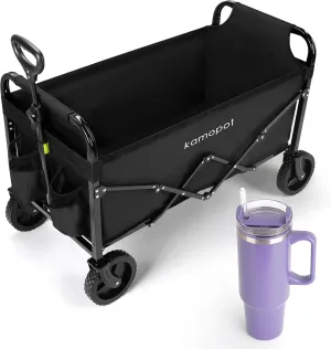 Large Collapsible Wagon Foldable for Grocery, Beach, Park, Yard, 34 x 18 Inch Inner Storage. 300lb Heavy Duty w/Cupholders & 1x 40oz Tumbler Included