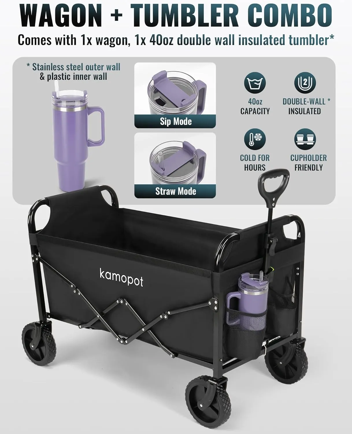 Large Collapsible Wagon Foldable for Grocery, Beach, Park, Yard, 34 x 18 Inch Inner Storage. 300lb Heavy Duty w/Cupholders & 1x 40oz Tumbler Included