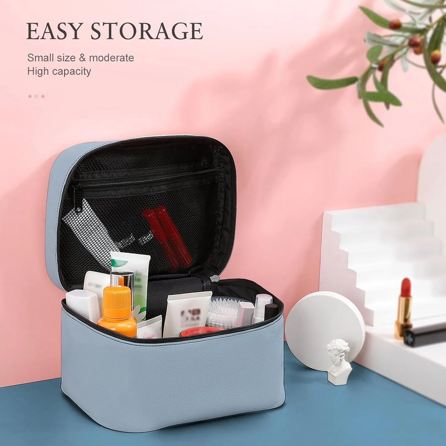 Large Makeup Bag, Modern Colors Baby Blue Cosmetic Bag for Women Girls, Portable Toiletry Bag, Travel Make Up Organizer Bag