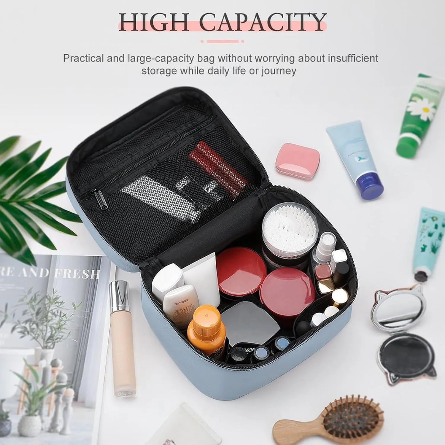 Large Makeup Bag, Modern Colors Baby Blue Cosmetic Bag for Women Girls, Portable Toiletry Bag, Travel Make Up Organizer Bag