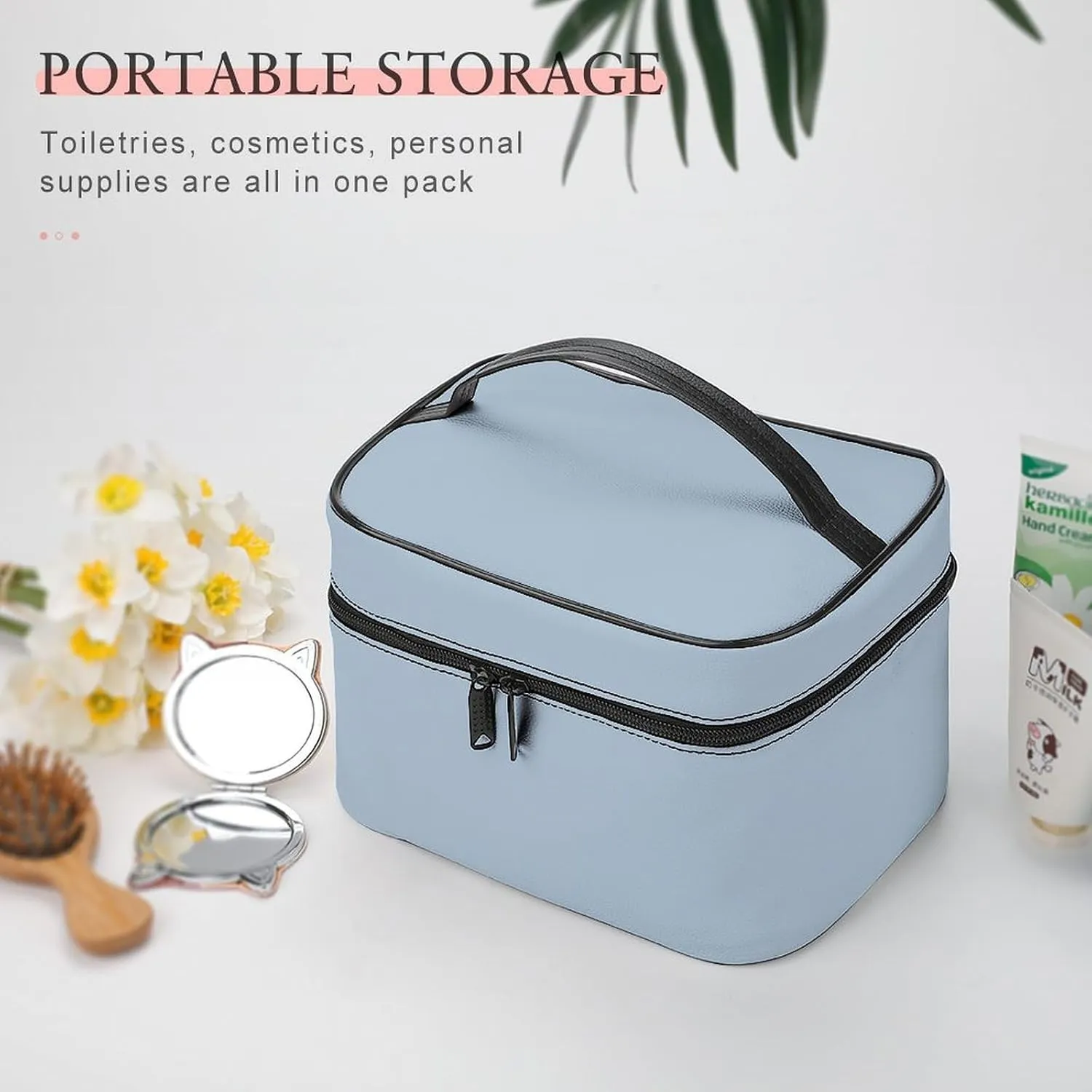 Large Makeup Bag, Modern Colors Baby Blue Cosmetic Bag for Women Girls, Portable Toiletry Bag, Travel Make Up Organizer Bag