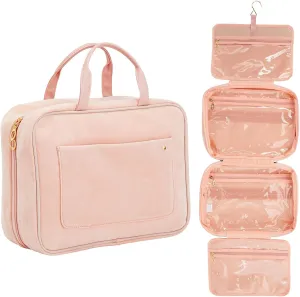 Large Roll Up Hanging Toiletry Bag For Women, Pastel Pink Makeup Travel Organizer with S Hook for Cosmetics, Hair Accessories, Razors (13x4.5x9.75 In)