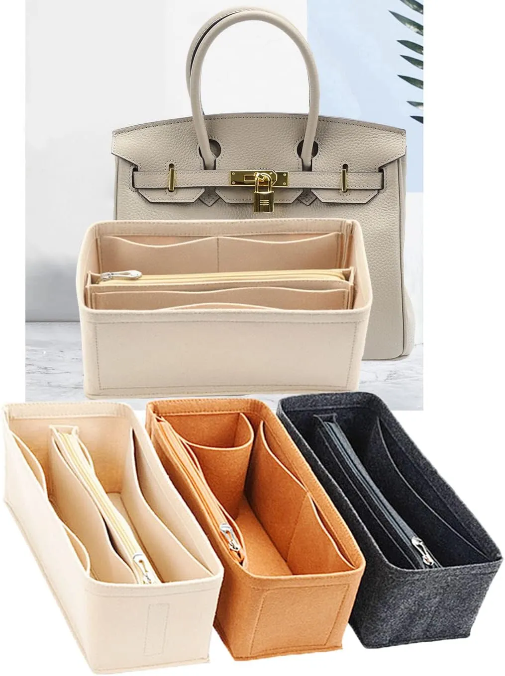Lckaey Purse Organizer for Hermes birkin 30 bags Felt organizer insert Y013beige-M