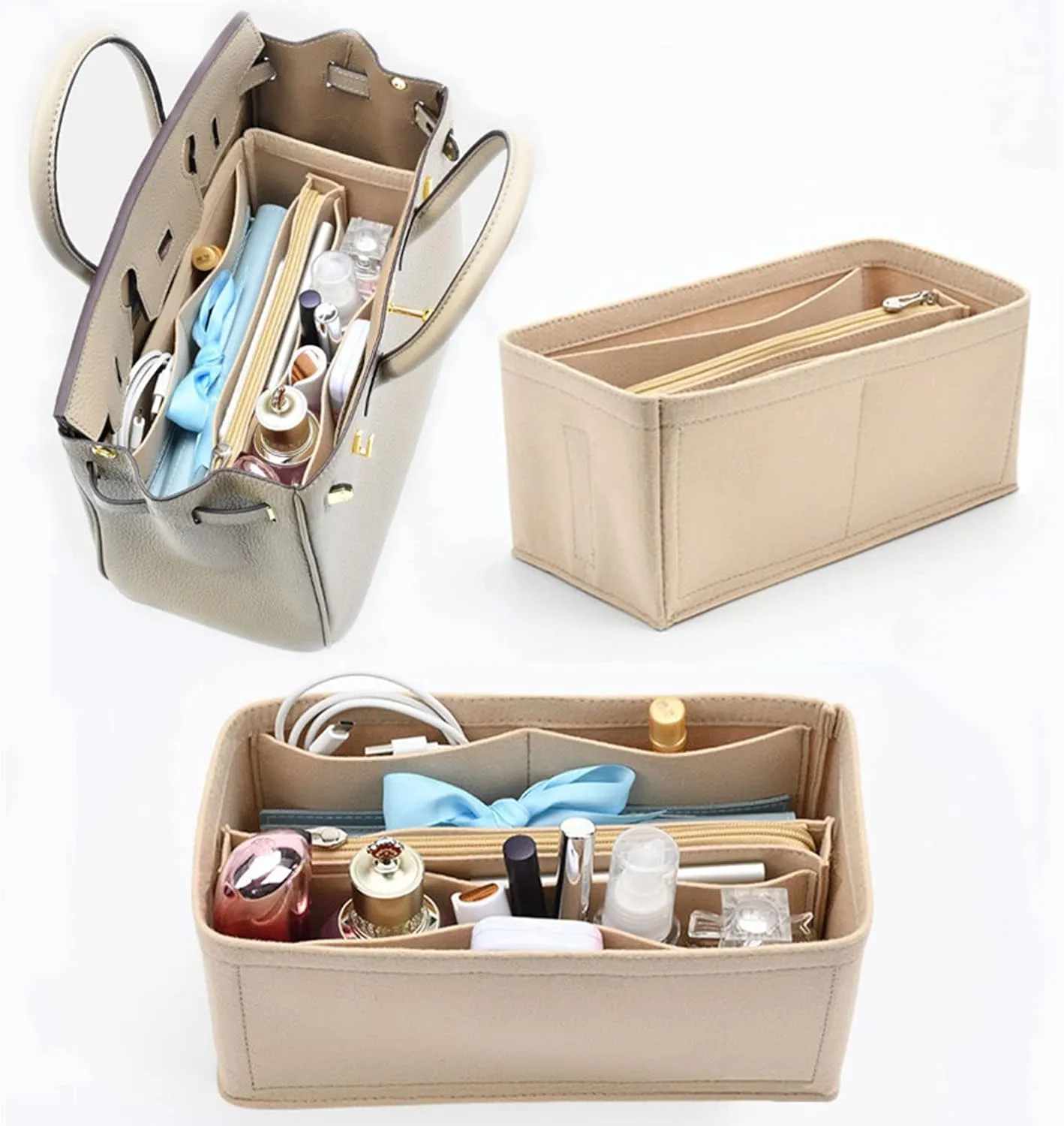 Lckaey Purse Organizer for Hermes birkin 30 bags Felt organizer insert Y013beige-M
