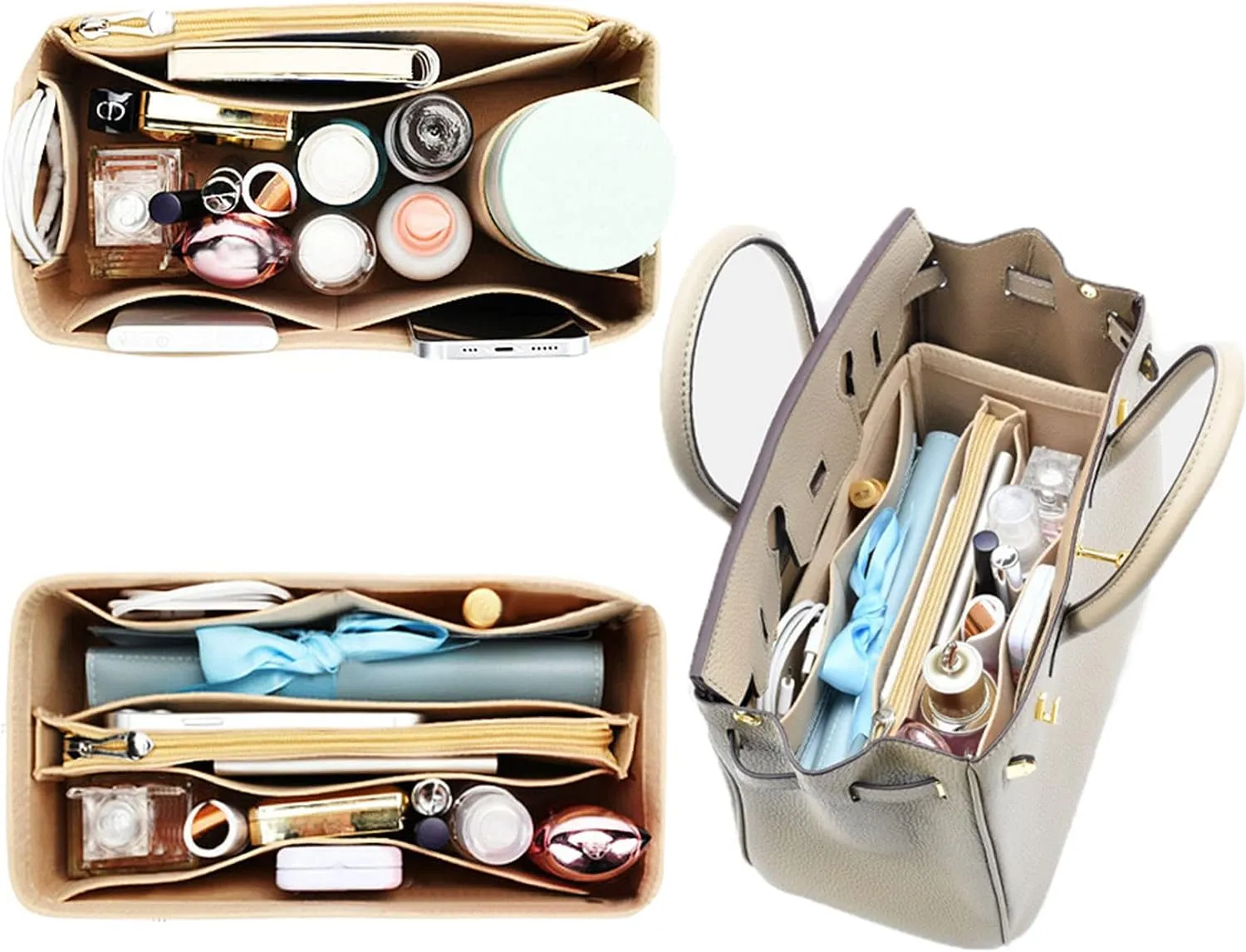Lckaey Purse Organizer for Hermes birkin 30 bags Felt organizer insert Y013beige-M