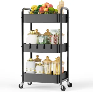 LEHOM 3 Tier Rolling Utility Cart, Metal Trolley Cart with Wheels, Hooks, Easy Assembly Organizer Storage Cart for Bathroom, Kitchen, Office, Bedroom(Black)