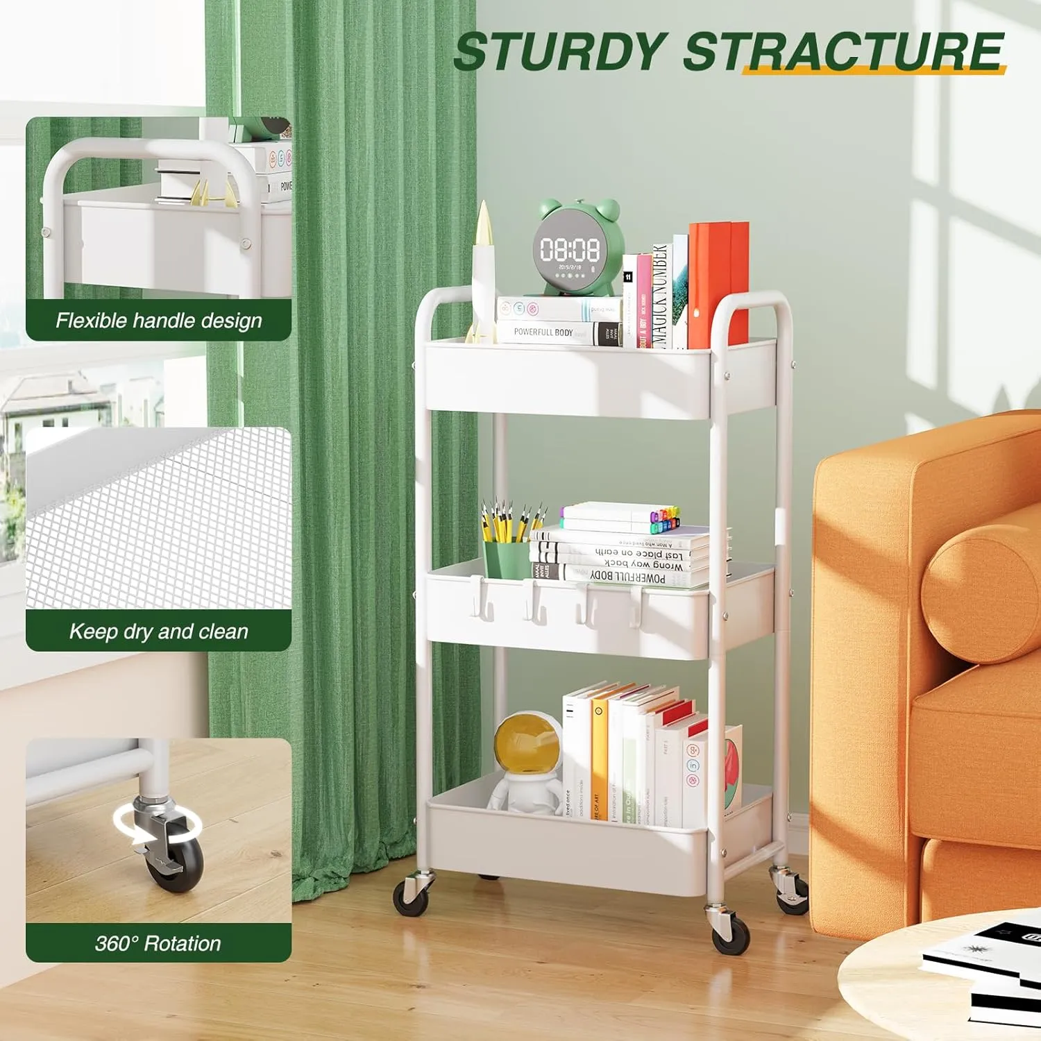 LEHOM 3 Tier Rolling Utility Cart, Metal Trolley Cart with Wheels, Hooks, Easy Assembly Organizer Storage Cart for Bathroom, Kitchen, Office, Bedroom(White)