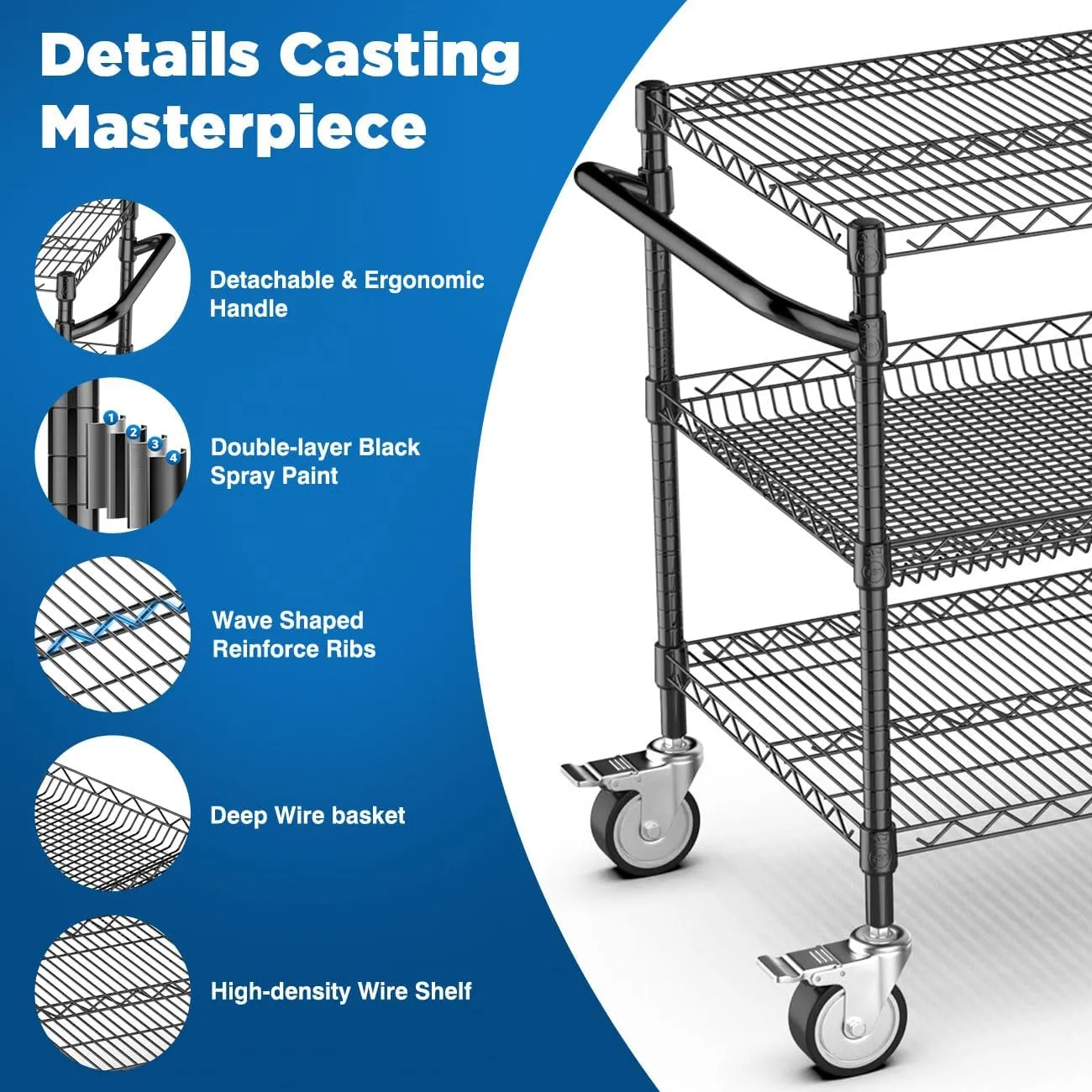 Leteuke 1120LBS Heavy Duty Rolling Utility Cart,3 Tier Rolling Carts with Wheels,NSF Commercial Grade with Handle Bar & Shelf Liners,45"x25"x39" Storage Cart for Kitchen,Restaurant,Plant Display,Black
