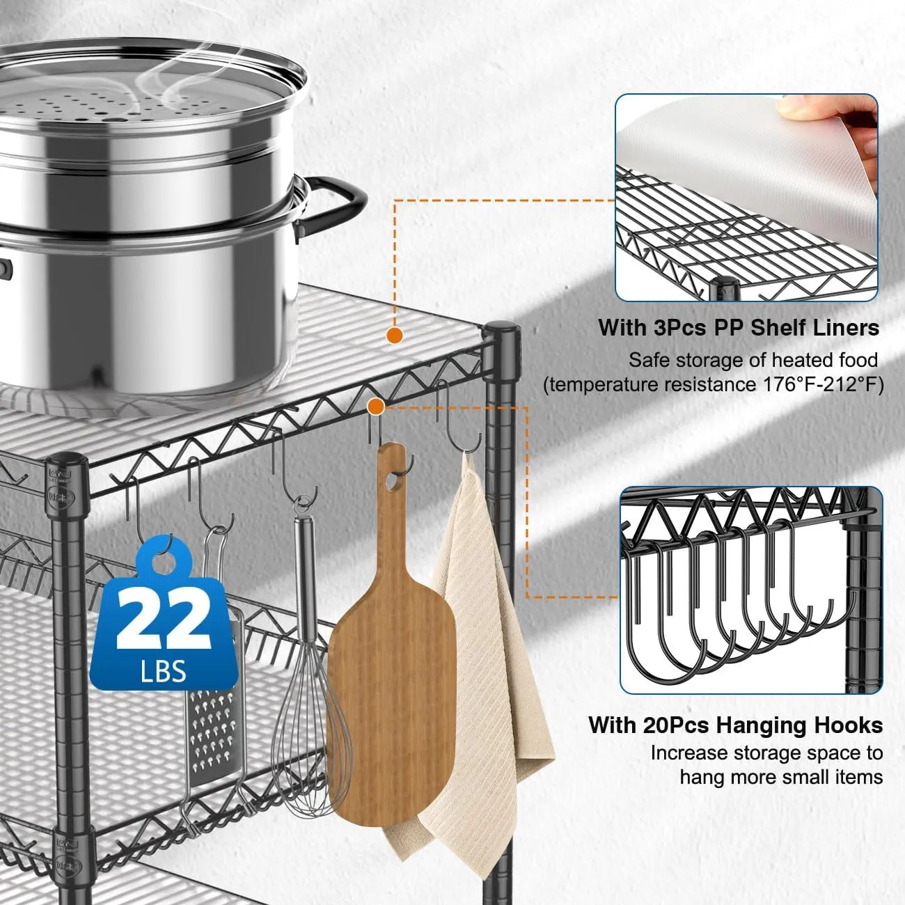 Leteuke 1120LBS Heavy Duty Rolling Utility Cart,3 Tier Rolling Carts with Wheels,NSF Commercial Grade with Handle Bar & Shelf Liners,45"x25"x39" Storage Cart for Kitchen,Restaurant,Plant Display,Black