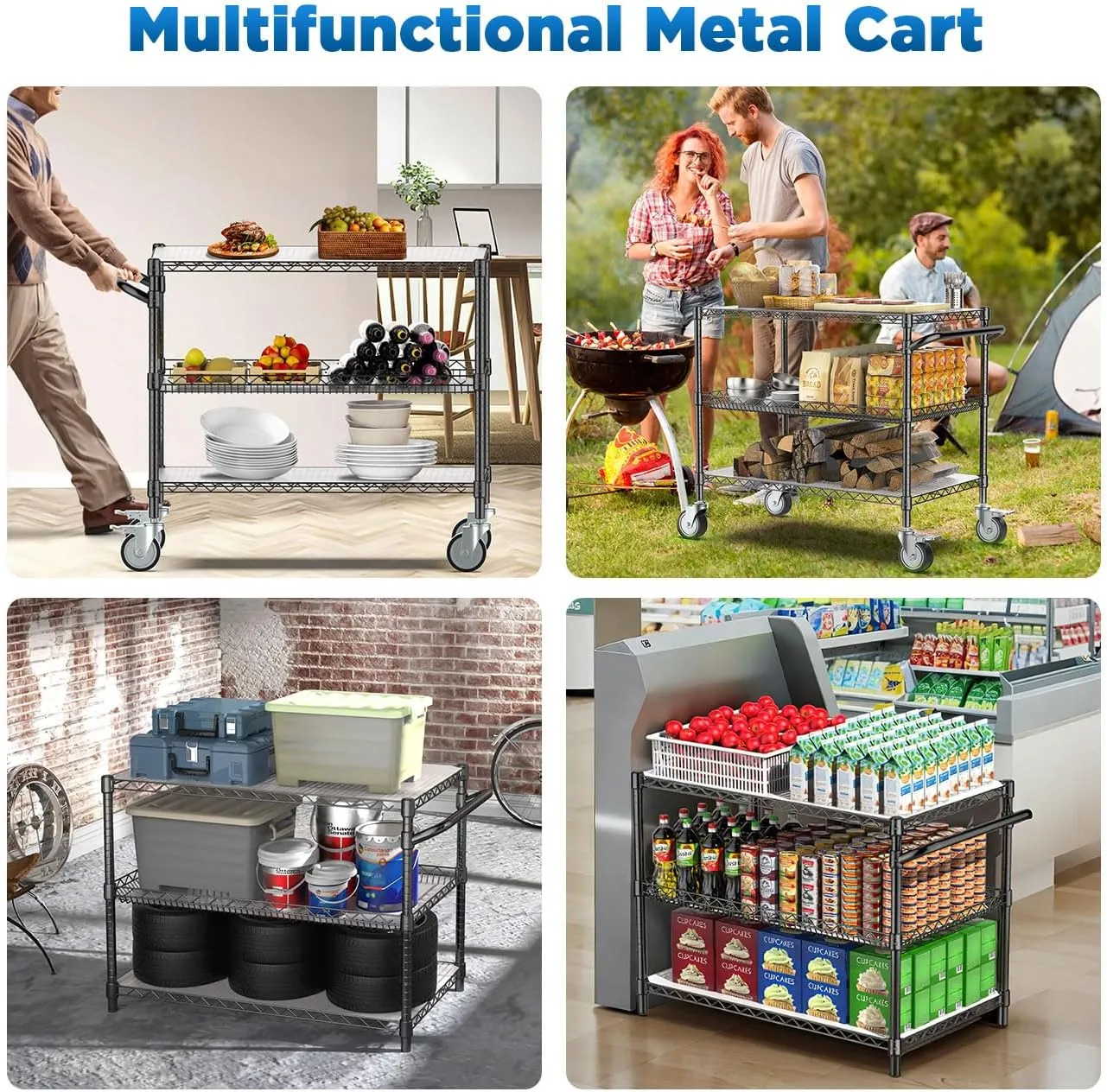 Leteuke 1120LBS Heavy Duty Rolling Utility Cart,3 Tier Rolling Carts with Wheels,NSF Commercial Grade with Handle Bar & Shelf Liners,45"x25"x39" Storage Cart for Kitchen,Restaurant,Plant Display,Black