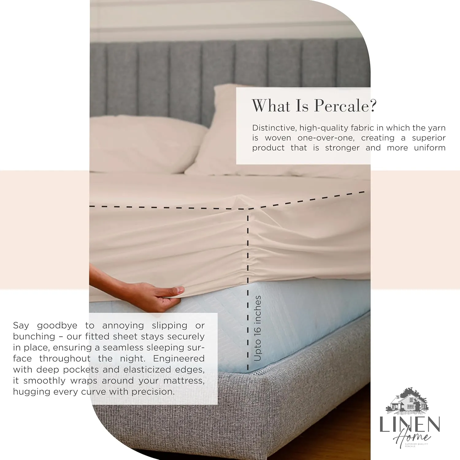 Linen Home 100% Cotton Percale Sheets Full Size, Sand Shell, Deep Pocket, 4 Pieces Set - 1 Flat, 1 Deep Pocket Fitted Sheet and 2 Pillowcases, Crisp Cool and Strong Bed Linen