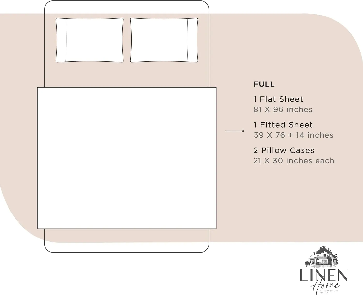 Linen Home 100% Cotton Percale Sheets Full Size, Sand Shell, Deep Pocket, 4 Pieces Set - 1 Flat, 1 Deep Pocket Fitted Sheet and 2 Pillowcases, Crisp Cool and Strong Bed Linen