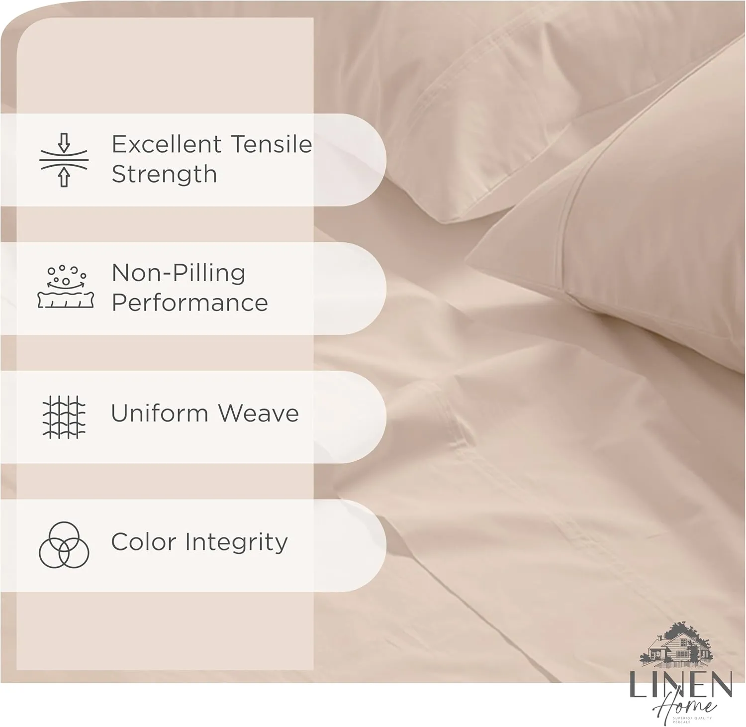 Linen Home 100% Cotton Percale Sheets Full Size, Sand Shell, Deep Pocket, 4 Pieces Set - 1 Flat, 1 Deep Pocket Fitted Sheet and 2 Pillowcases, Crisp Cool and Strong Bed Linen