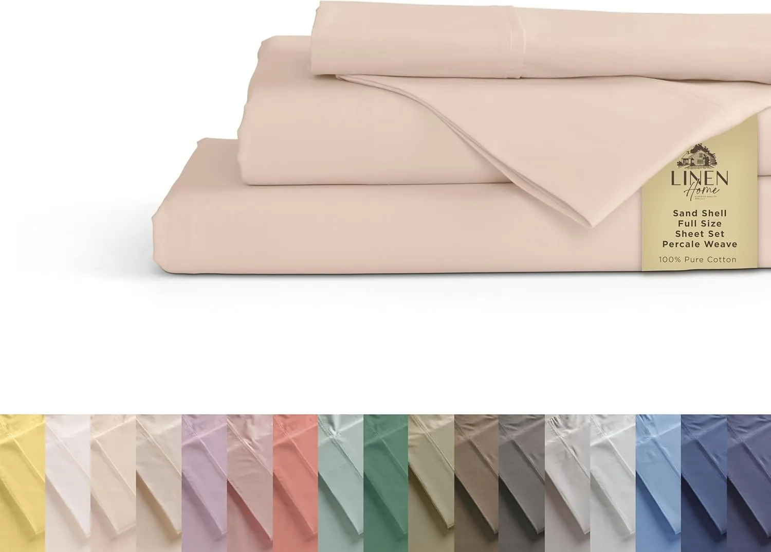 Linen Home 100% Cotton Percale Sheets Full Size, Sand Shell, Deep Pocket, 4 Pieces Set - 1 Flat, 1 Deep Pocket Fitted Sheet and 2 Pillowcases, Crisp Cool and Strong Bed Linen