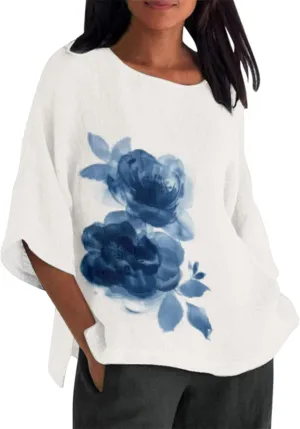 Linen Shirt for Women Crew Neck 3/4 Sleeve Tunic Blouses Casual Loose Fall T-Shirt Tops for Ladies Summer S-5XL