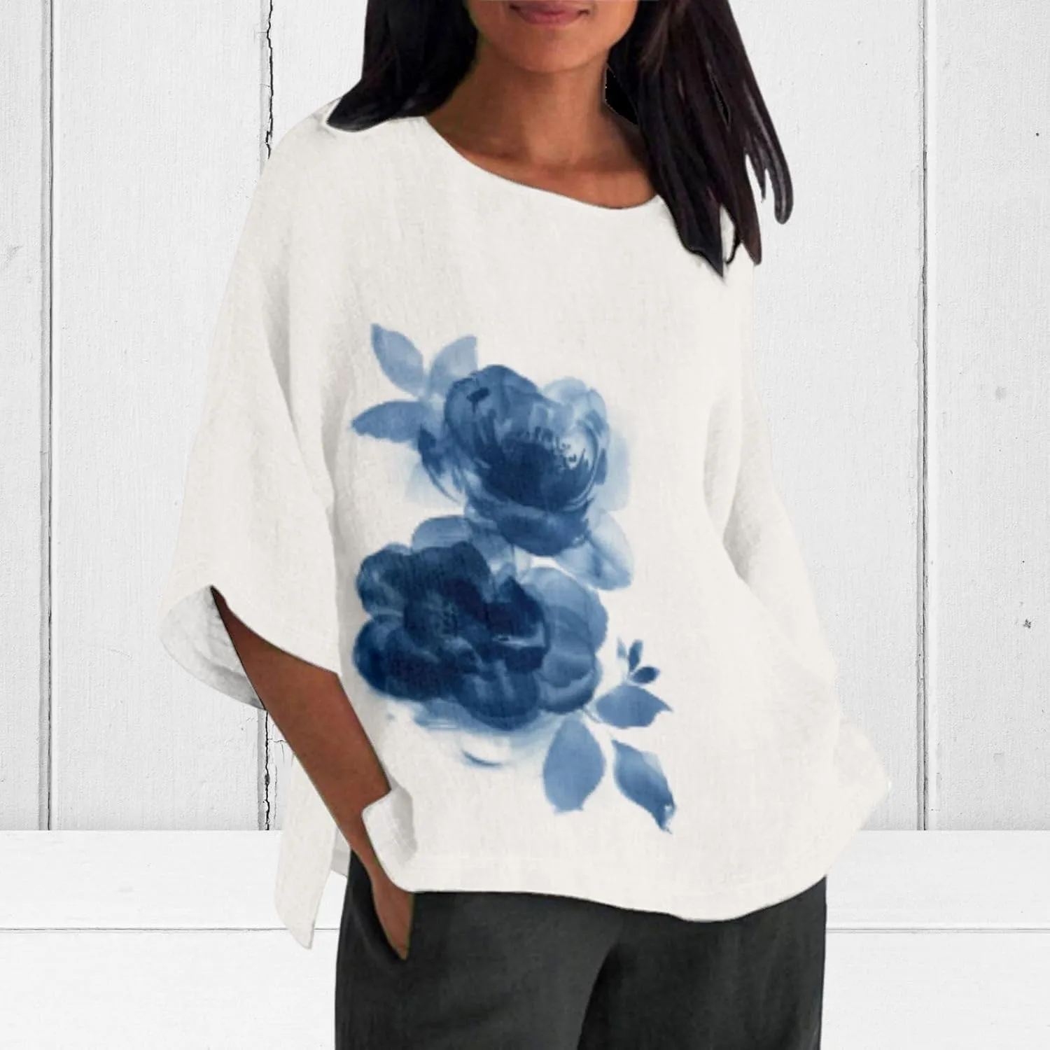 Linen Shirt for Women Crew Neck 3/4 Sleeve Tunic Blouses Casual Loose Fall T-Shirt Tops for Ladies Summer S-5XL