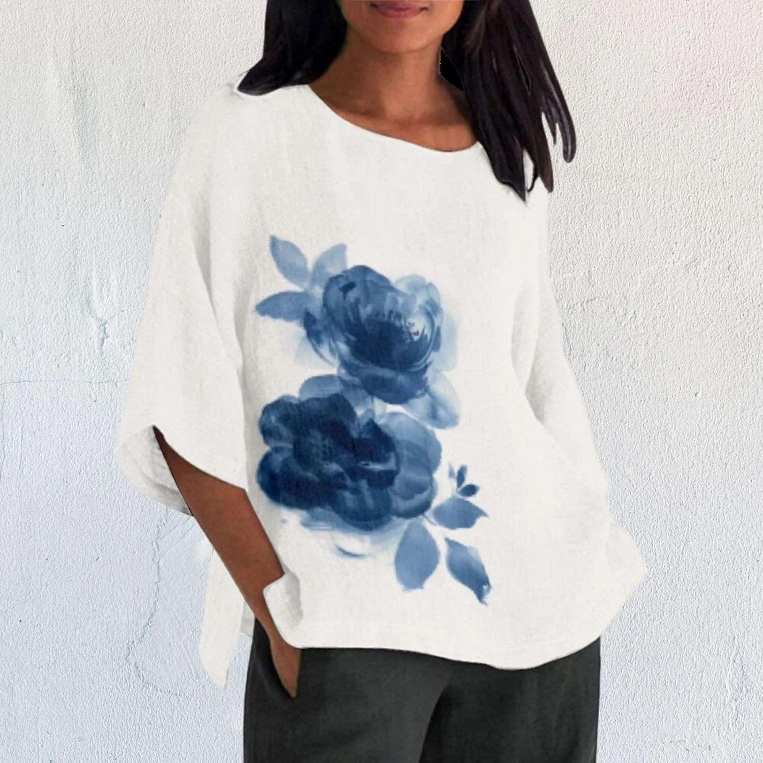 Linen Shirt for Women Crew Neck 3/4 Sleeve Tunic Blouses Casual Loose Fall T-Shirt Tops for Ladies Summer S-5XL