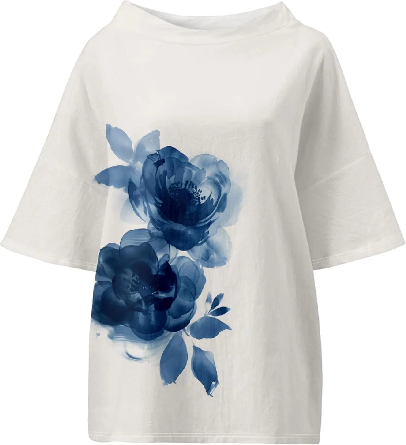 Linen Shirt for Women Crew Neck 3/4 Sleeve Tunic Blouses Casual Loose Fall T-Shirt Tops for Ladies Summer S-5XL