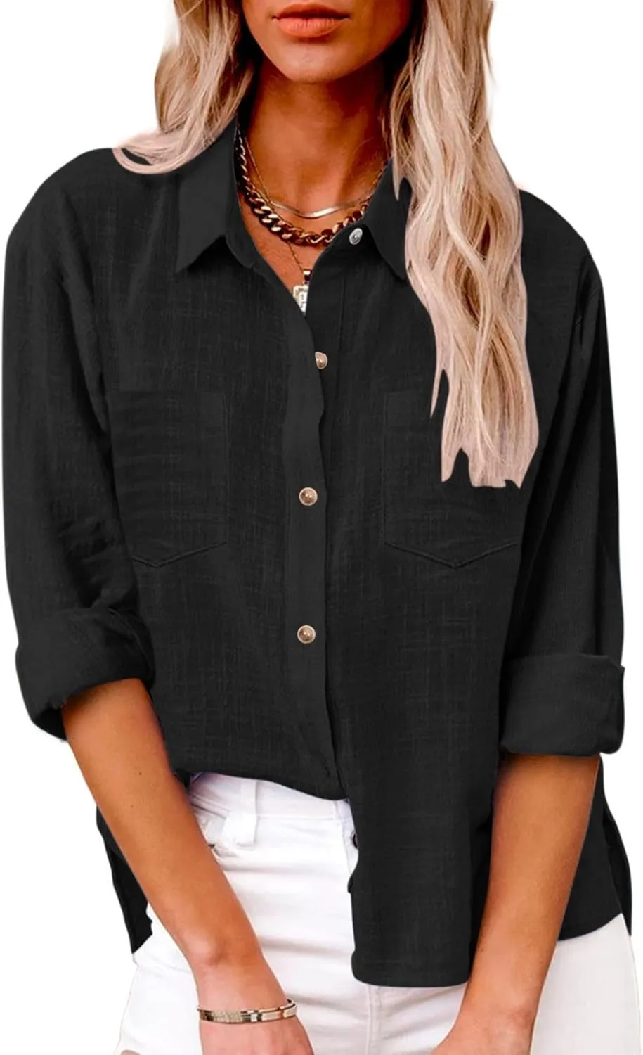 Linen Shirts for Women Top Sleeve Pocket Shirt Plaid Long Blouse Casual Women's Blouse Cotton Shirts for Women