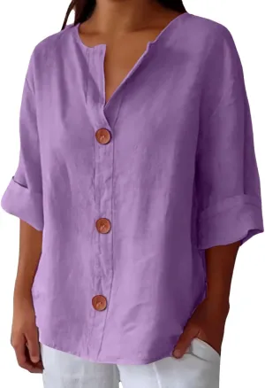 Linen Shirts for Women V Neck 3/4 Sleeve Tops Loose Vacation Beach Solid Blouses Summer Tops for Women 2025