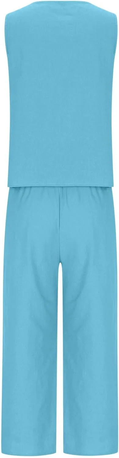 Linen Tops And Wide Leg Capri Pants Set For Women Plus Size Summer Vacation Outfits 2 Piece Matching Lounge Sets
