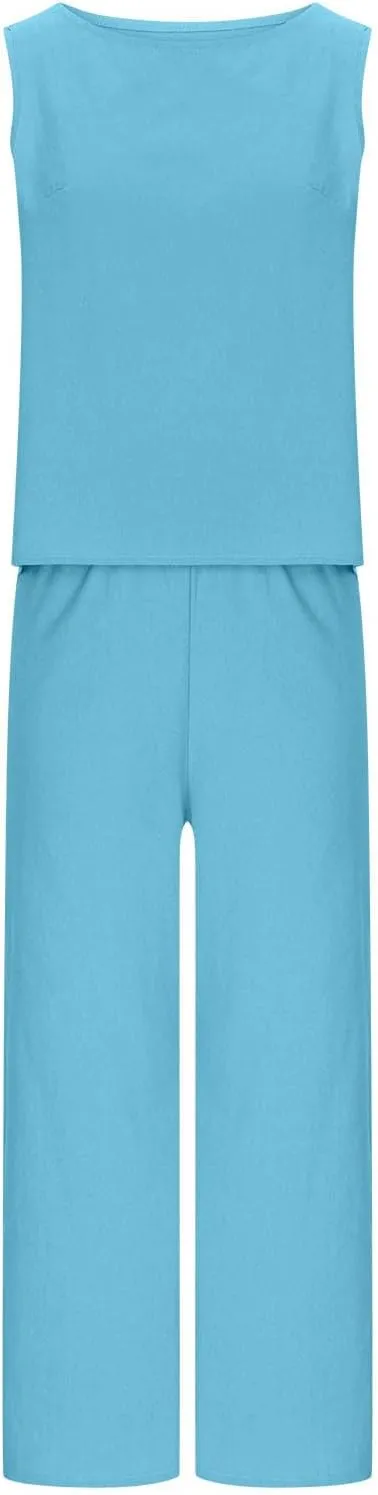 Linen Tops And Wide Leg Capri Pants Set For Women Plus Size Summer Vacation Outfits 2 Piece Matching Lounge Sets