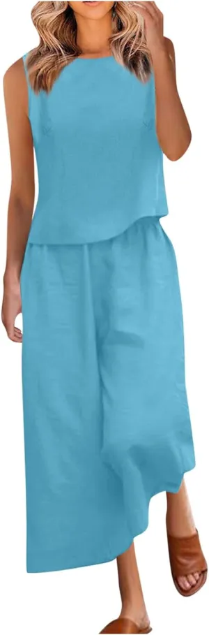 Linen Tops And Wide Leg Capri Pants Set For Women Plus Size Summer Vacation Outfits 2 Piece Matching Lounge Sets