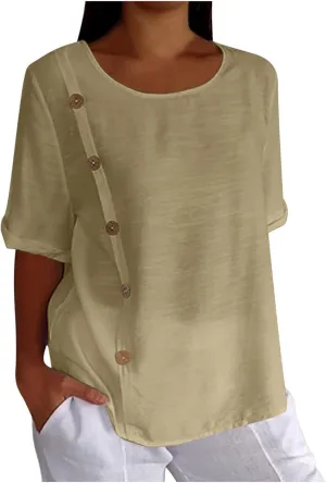 Linen Tops for Women Summer Loose Fit Crewneck Button Down Blouse Shirts Dressy Casual Short Sleeve Clothes