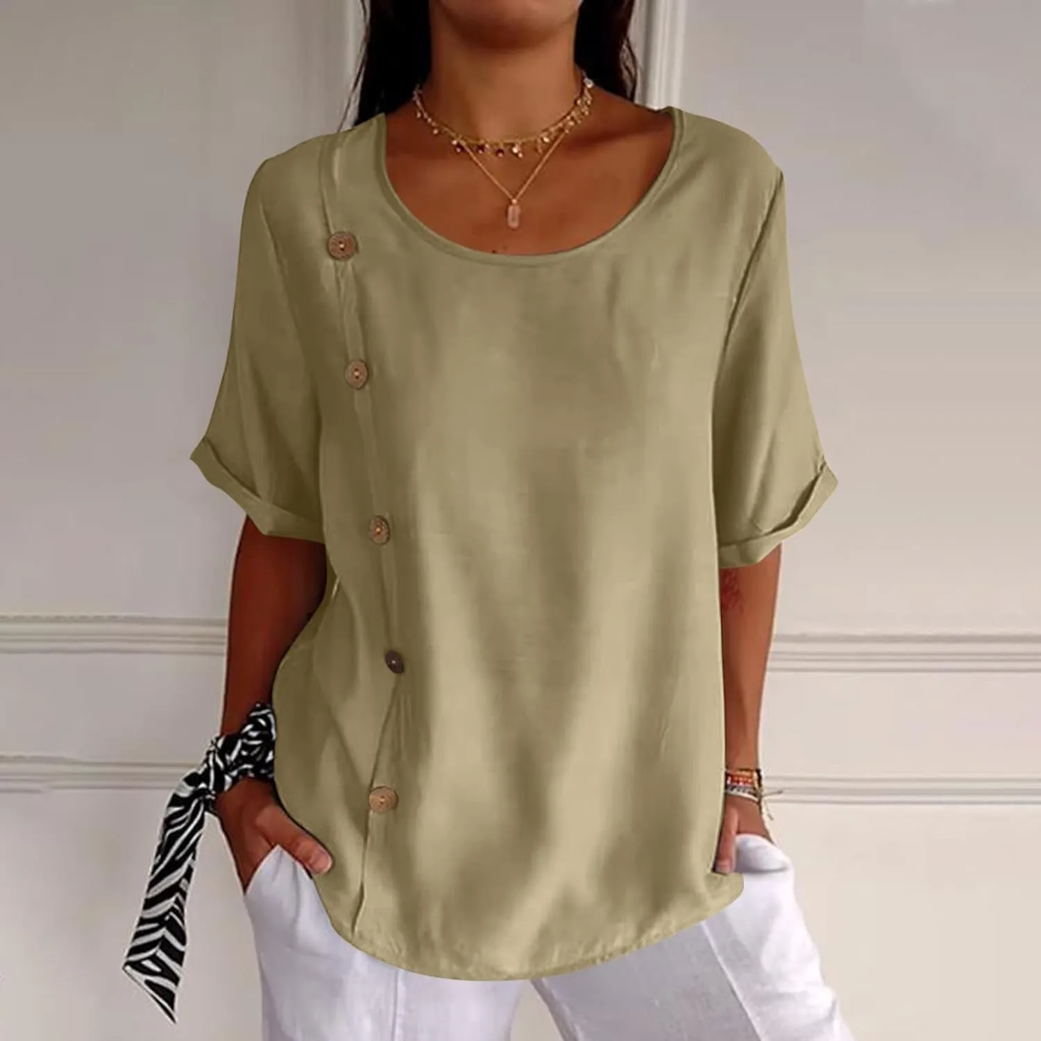 Linen Tops for Women Summer Loose Fit Crewneck Button Down Blouse Shirts Dressy Casual Short Sleeve Clothes