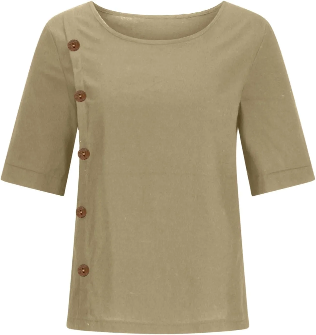Linen Tops for Women Summer Loose Fit Crewneck Button Down Blouse Shirts Dressy Casual Short Sleeve Clothes