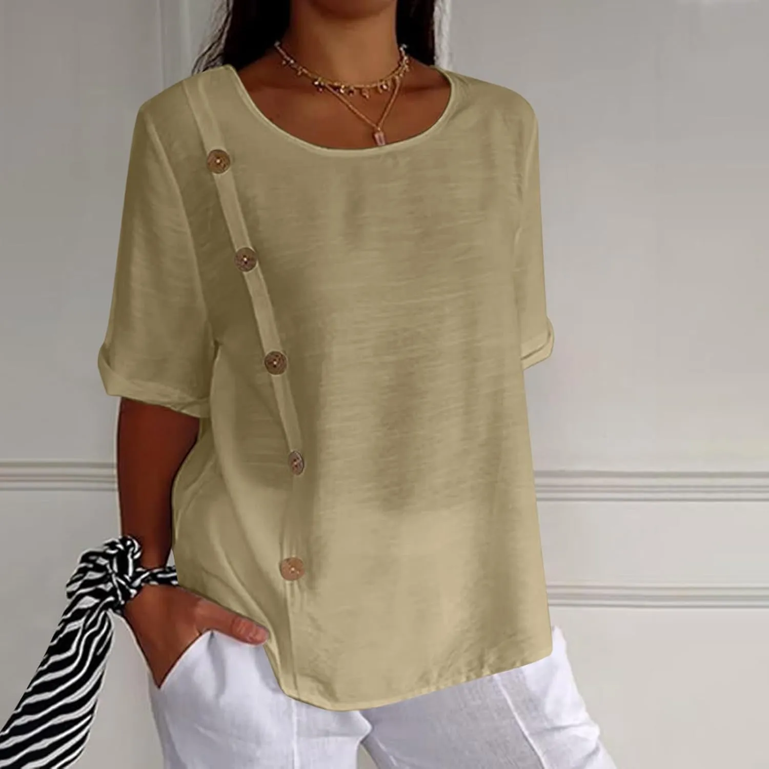 Linen Tops for Women Summer Loose Fit Crewneck Button Down Blouse Shirts Dressy Casual Short Sleeve Clothes
