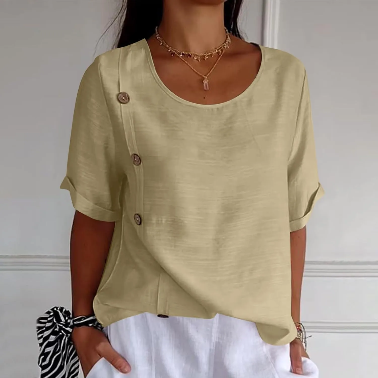 Linen Tops for Women Summer Loose Fit Crewneck Button Down Blouse Shirts Dressy Casual Short Sleeve Clothes