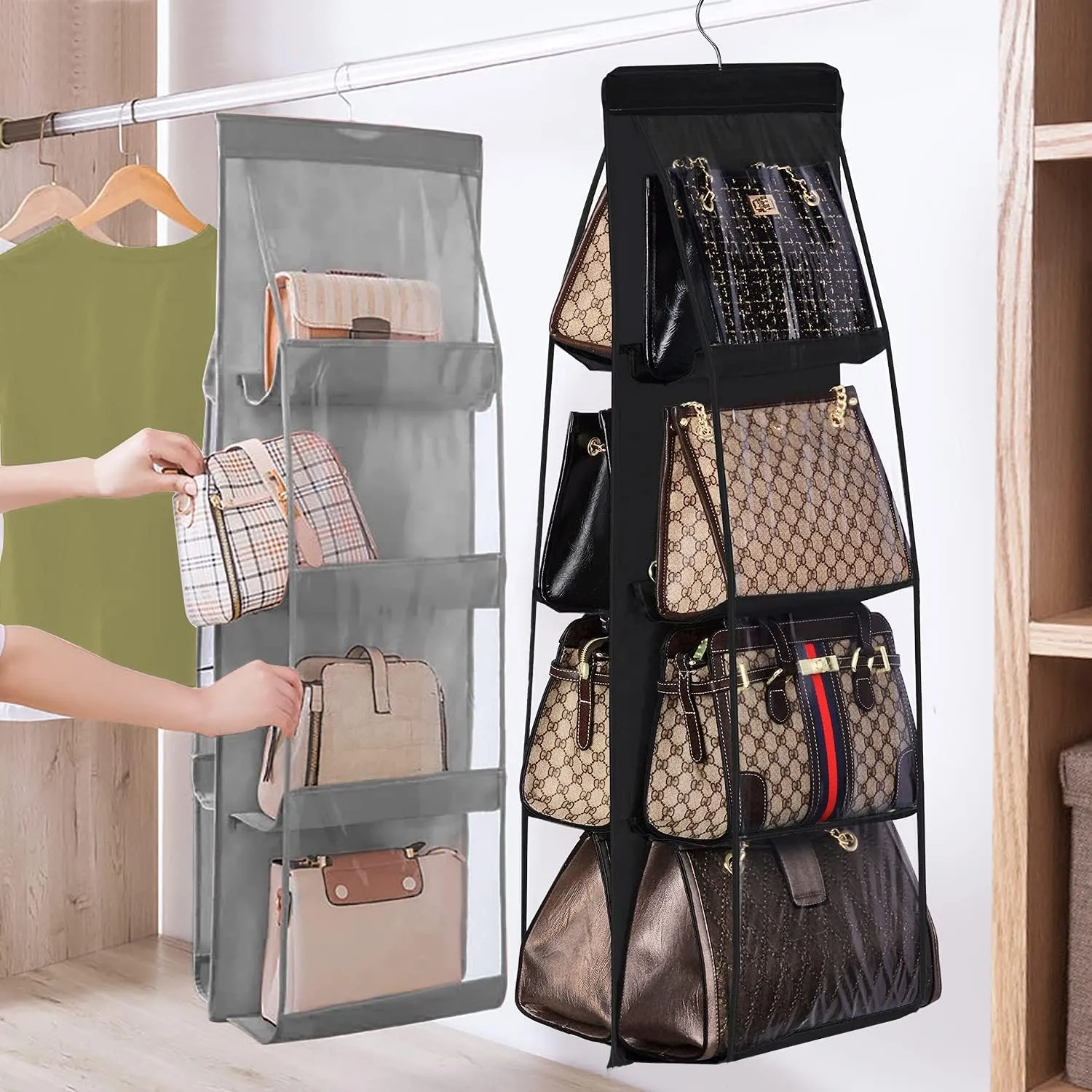 Lirex 2-Pack Handbag Hanging Purse Organizer for Closet, 8 Pocket Handbag Storage Organizer Hanger Oxford Cloth Closet Organizer for Family Closet Bedroom, Foldable and Universal Fit, Black