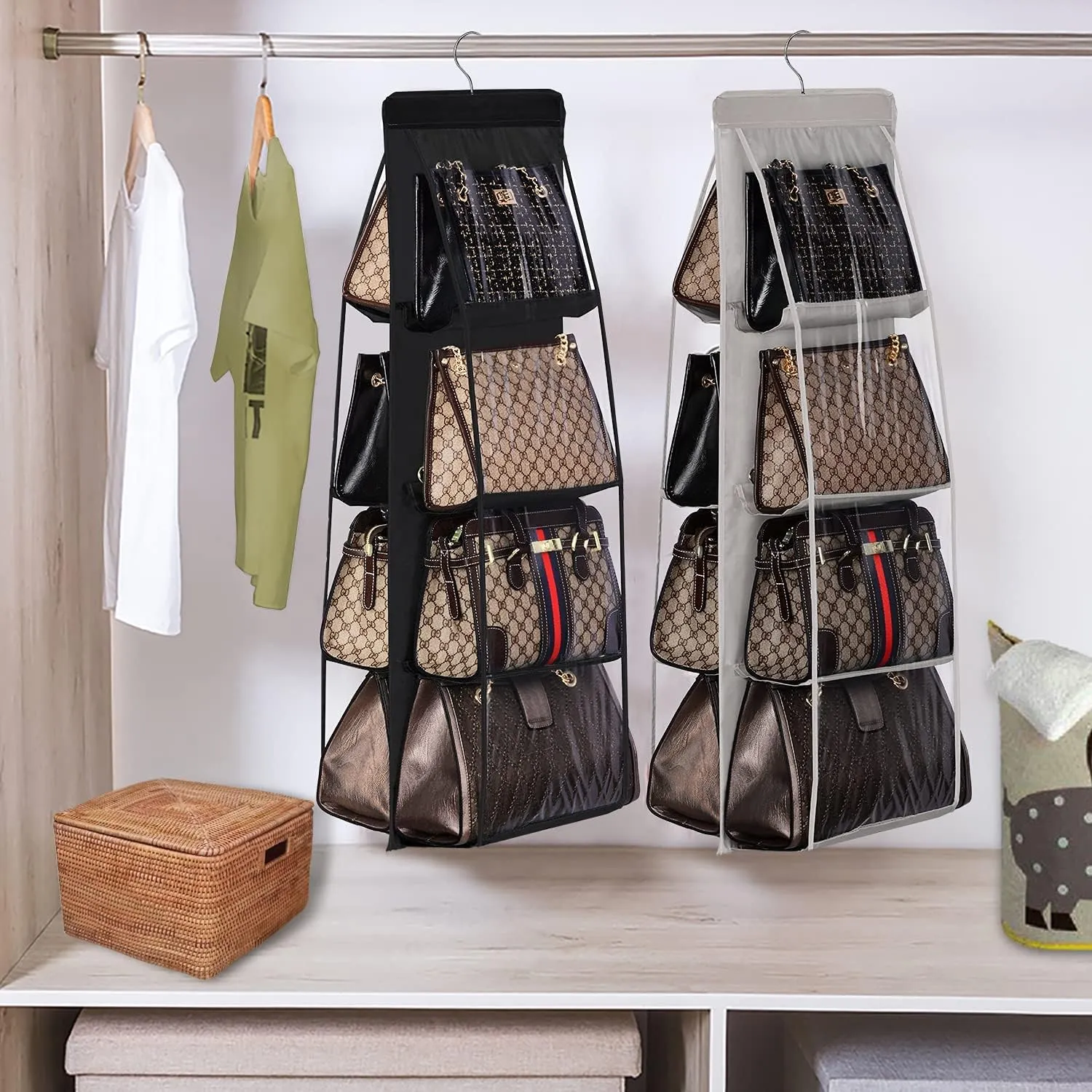 Lirex 2-Pack Handbag Hanging Purse Organizer for Closet, 8 Pocket Handbag Storage Organizer Hanger Oxford Cloth Closet Organizer for Family Closet Bedroom, Foldable and Universal Fit, Black