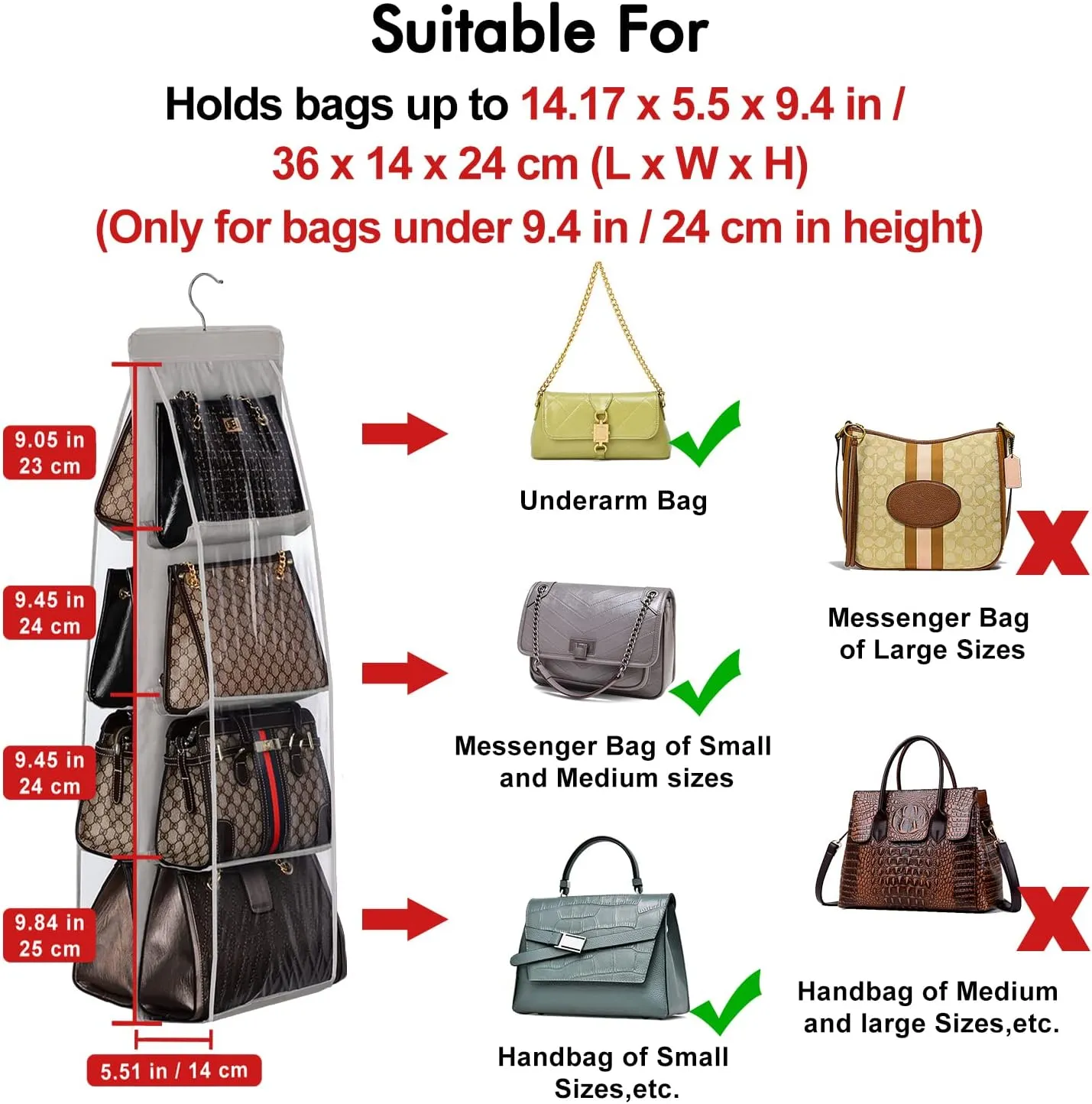 Lirex 2-Pack Handbag Hanging Purse Organizer for Closet, 8 Pocket Handbag Storage Organizer Hanger Oxford Cloth Closet Organizer for Family Closet Bedroom, Foldable and Universal Fit, Black