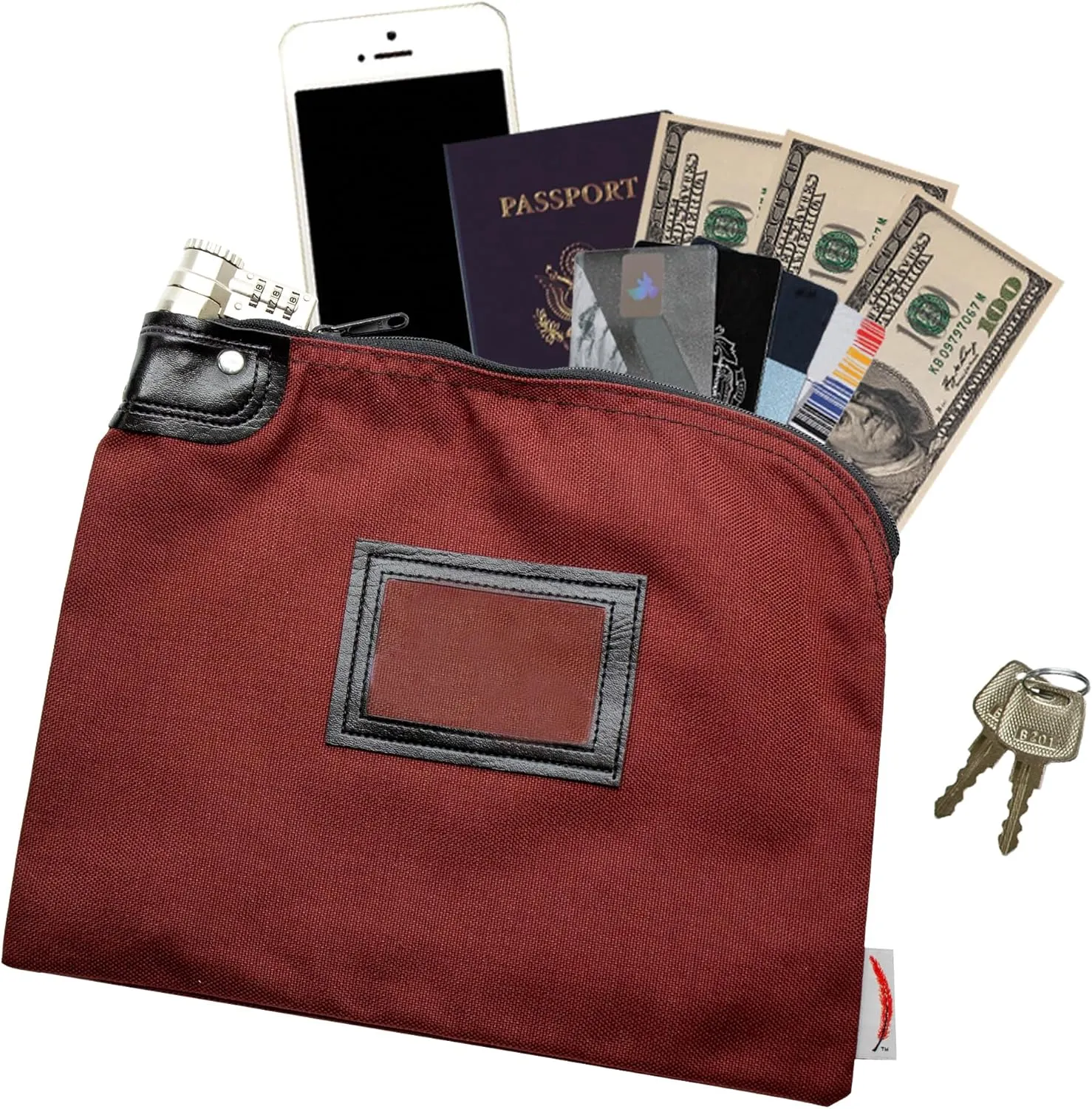 Locking Bank Bag, Water Repellent Denier Nylon, 9 x 12 Inch (Burgundy)