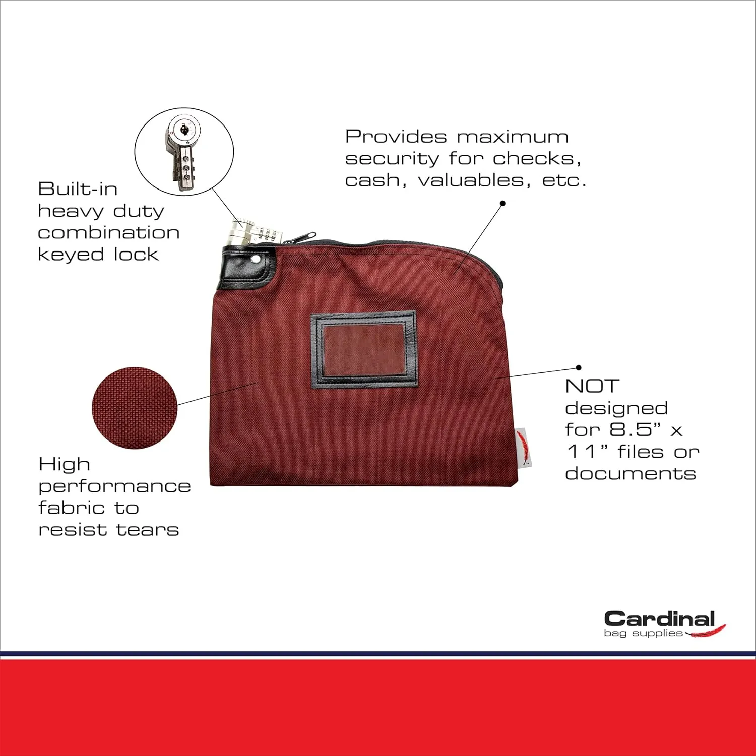 Locking Bank Bag, Water Repellent Denier Nylon, 9 x 12 Inch (Burgundy)