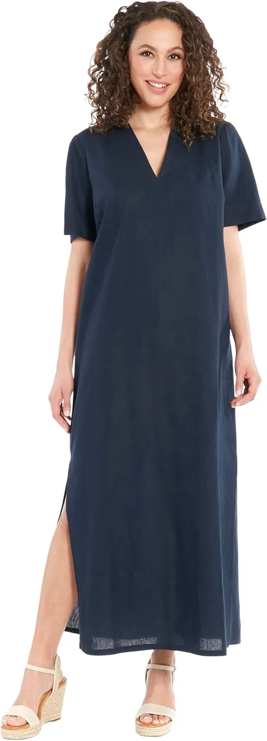 London Times Women's Linen Maxi, Collared V-Neck and Slits | Versatile Summer and Casual Dresses