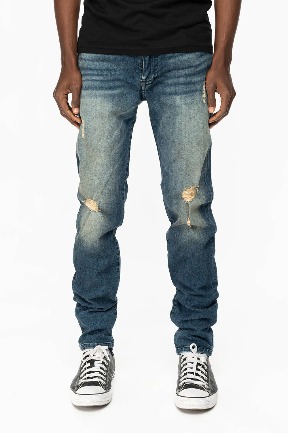 LONG FLAP SLIM FIT MENS JEANS WITH CRYSTALS & STUDS IN ALBANY DARK BROKEN WASH
