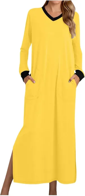 Long Sleeve Dresses for Women Casual V-Neck Side Split Maxi Summer Dress Flowy Beach Wedding Vacation Sundress