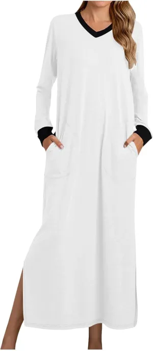Long Sleeve Dresses for Women Casual V-Neck Side Split Maxi Summer Dress Flowy Beach Wedding Vacation Sundress
