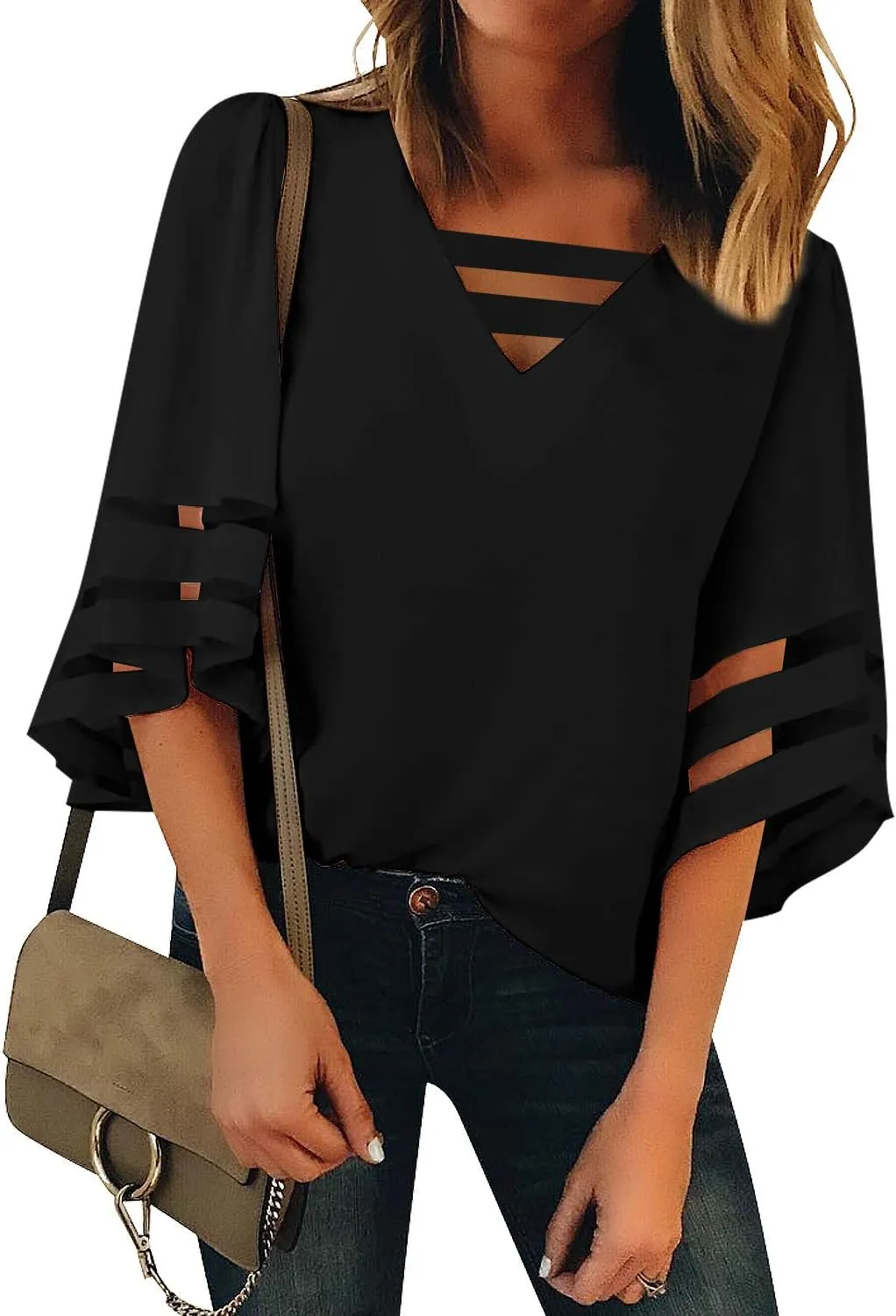 LookbookStore Tops for Women Trendy 2024 Dressy Casual V Neck Mesh Panel Blouse 3/4 Bell Sleeve Shirt