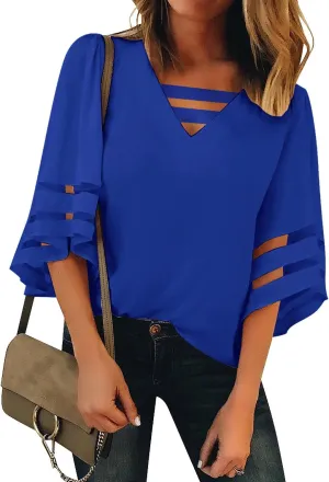 LookbookStore Tops for Women Trendy 2024 Dressy Casual V Neck Mesh Panel Blouse 3/4 Bell Sleeve Shirt