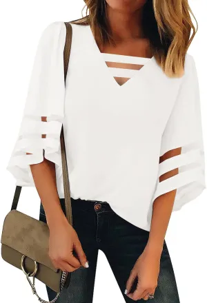 LookbookStore Tops for Women Trendy 2024 Dressy Casual V Neck Mesh Panel Blouse 3/4 Bell Sleeve Shirt