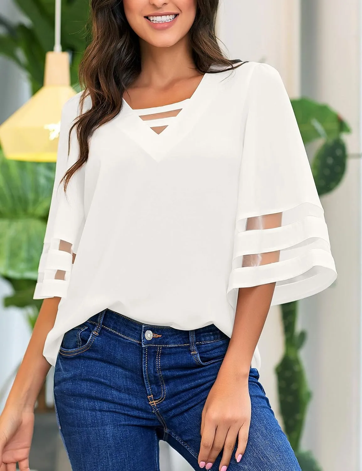 LookbookStore Tops for Women Trendy 2024 Dressy Casual V Neck Mesh Panel Blouse 3/4 Bell Sleeve Shirt
