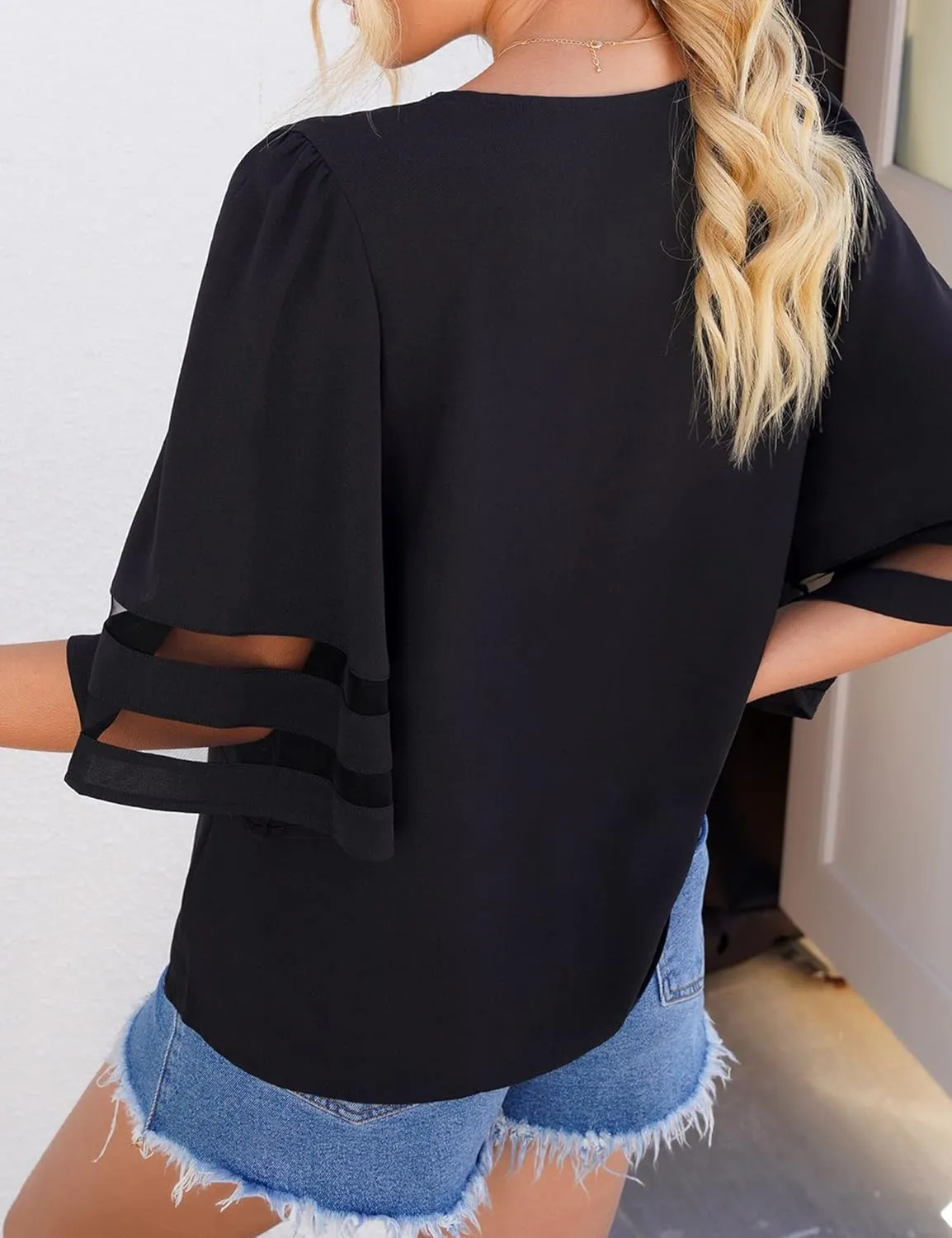 LookbookStore Tops for Women Trendy 2024 Dressy Casual V Neck Mesh Panel Blouse 3/4 Bell Sleeve Shirt