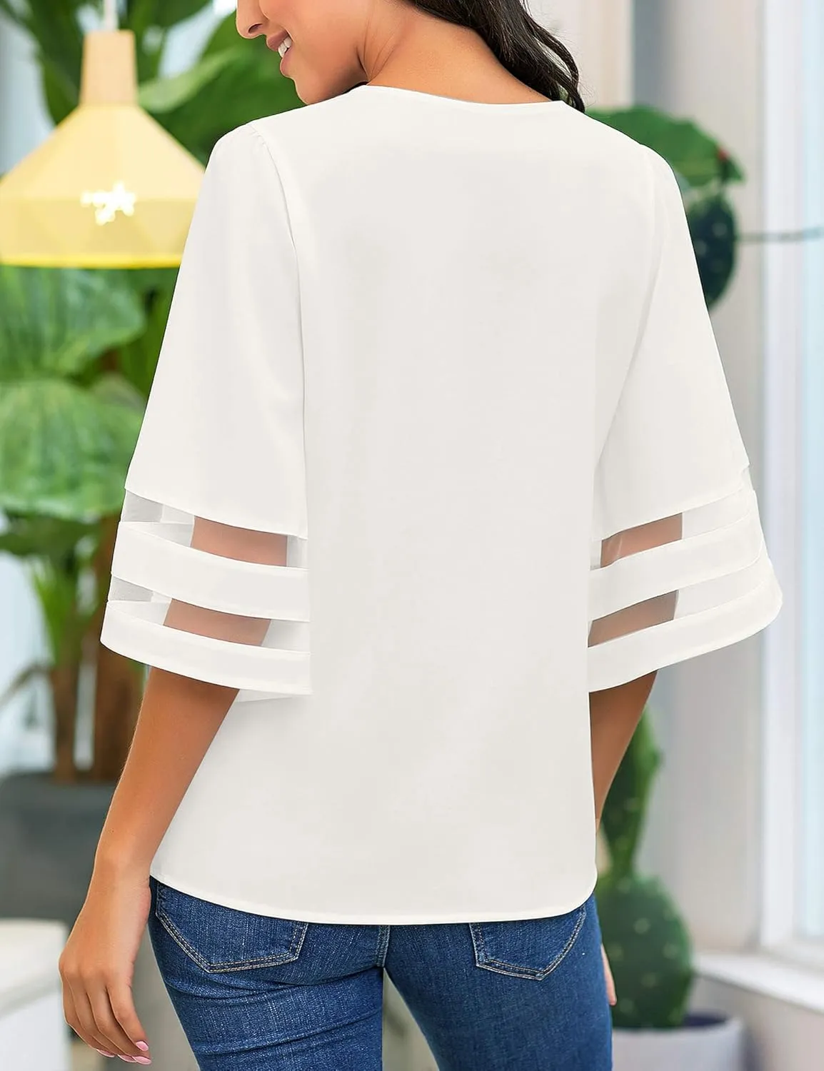LookbookStore Tops for Women Trendy 2024 Dressy Casual V Neck Mesh Panel Blouse 3/4 Bell Sleeve Shirt