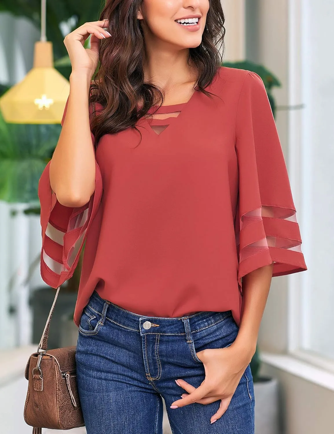 LookbookStore Tops for Women Trendy 2024 Dressy Casual V Neck Mesh Panel Blouse 3/4 Bell Sleeve Shirt