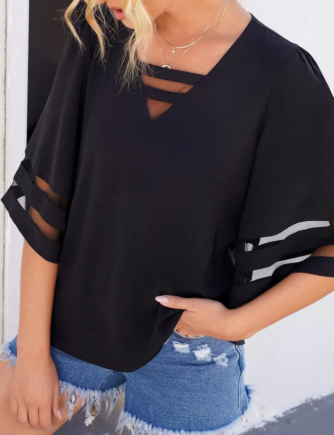 LookbookStore Tops for Women Trendy 2024 Dressy Casual V Neck Mesh Panel Blouse 3/4 Bell Sleeve Shirt